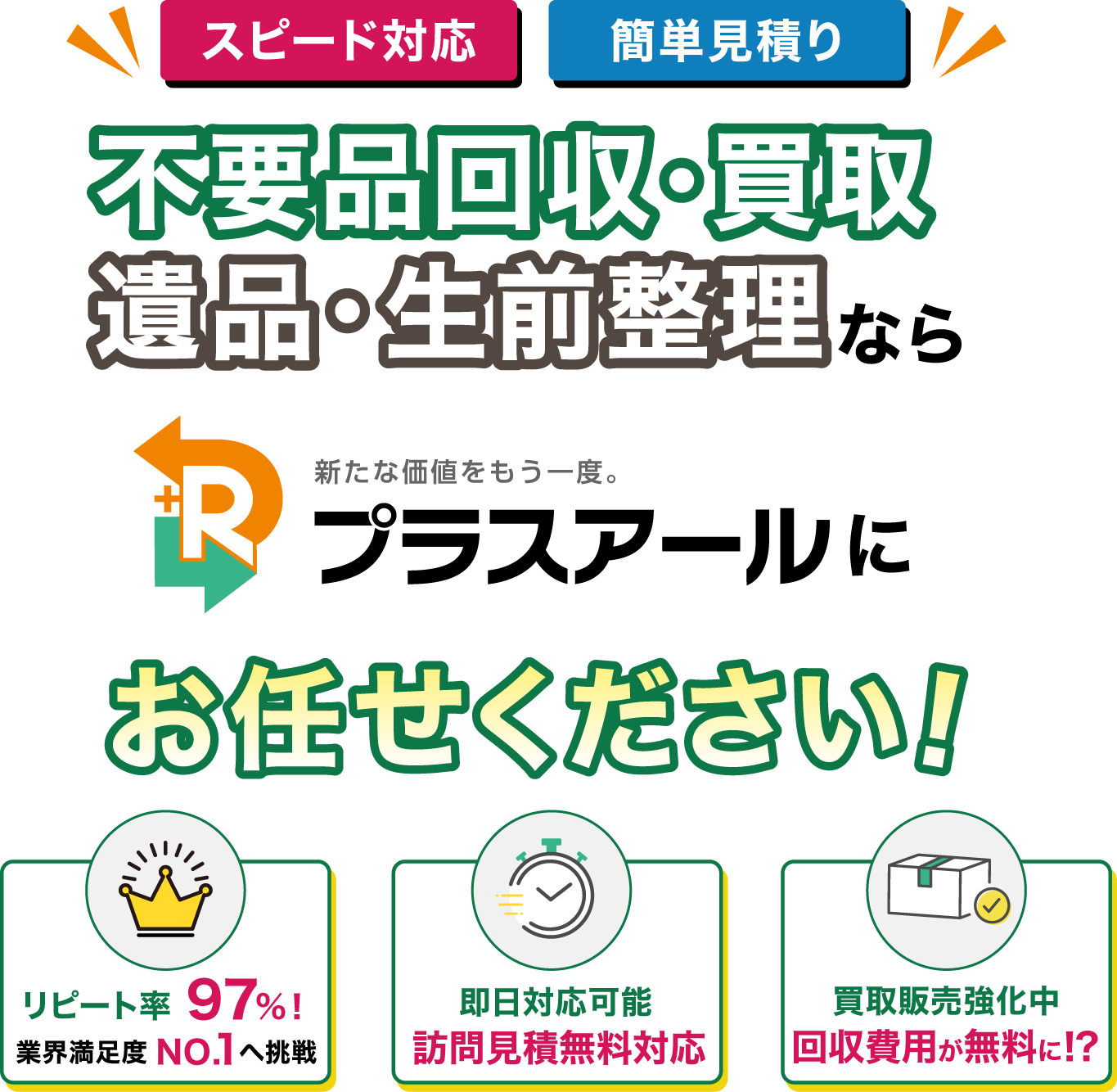 【スピード対応・簡単見積り】不要品回収・遺品整理なら「プラスアール」にお任せください！（リピート率97%業界満足度No.1へ挑戦／即日対応可能・訪問見積無料対応／買取販売強化中／回収費用が無料に！？）