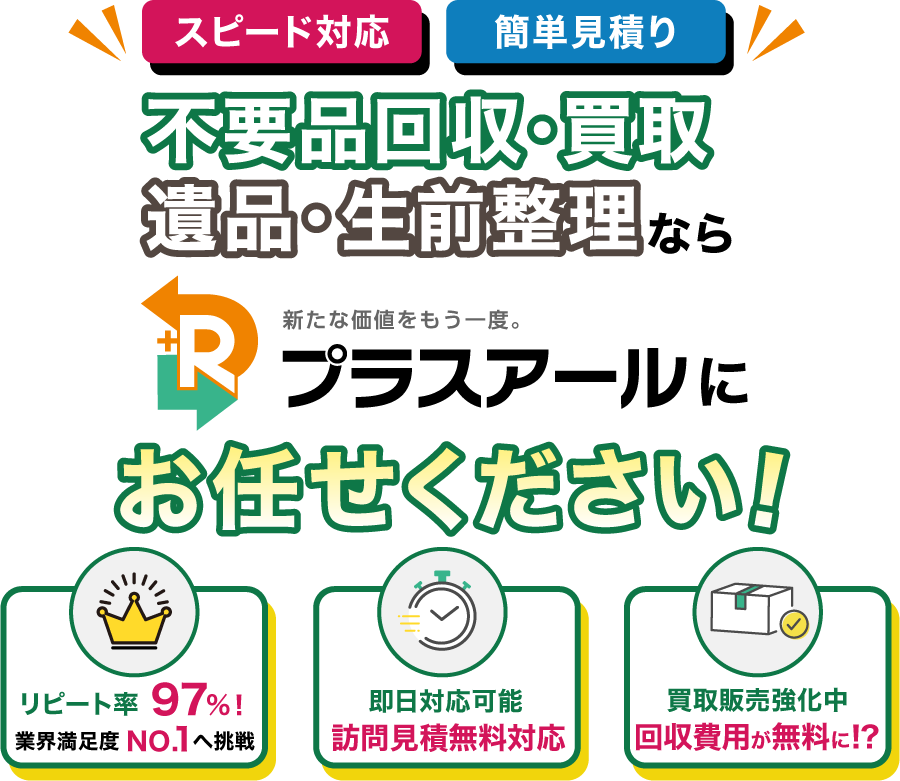 【スピード対応・簡単見積り】不要品回収・遺品整理なら「プラスアール」にお任せください！（リピート率97%業界満足度No.1へ挑戦／即日対応可能・訪問見積無料対応／買取販売強化中／回収費用が無料に！？）